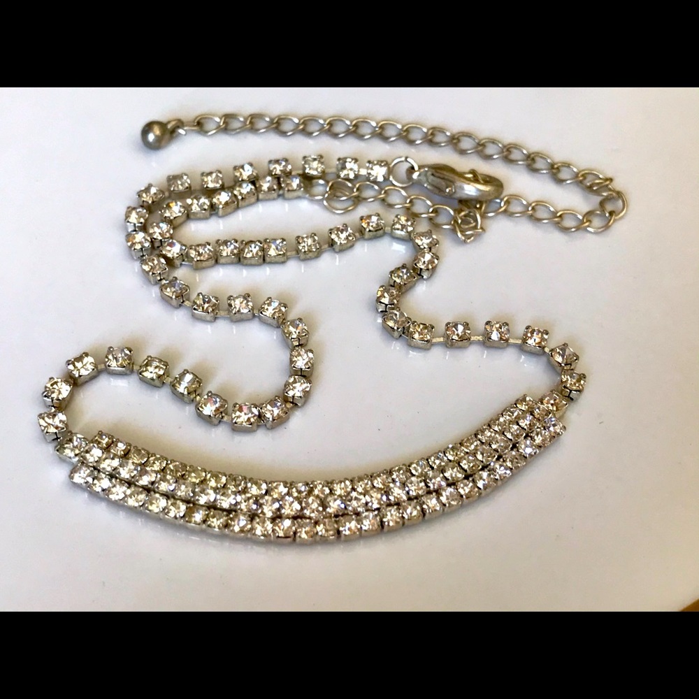 Vtg Rhinestone Bar Necklace Silver Tone